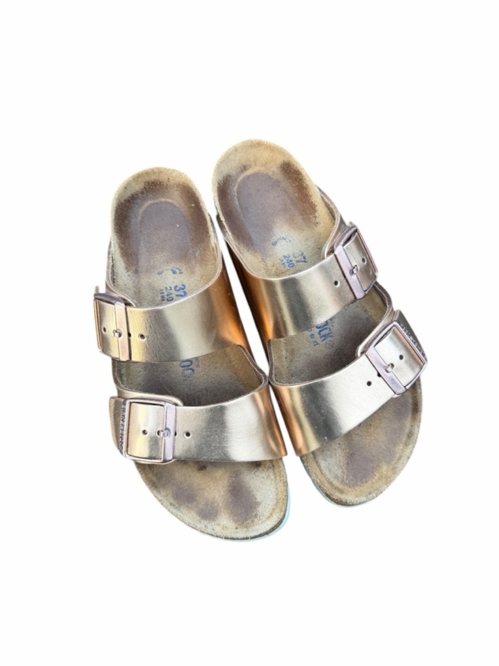 Birkenstock  Metallic Rose Gold Two-Strap Sandals